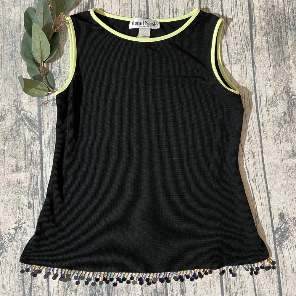 Vintage Ronni Nicole Black Beaded Fringe Top Small